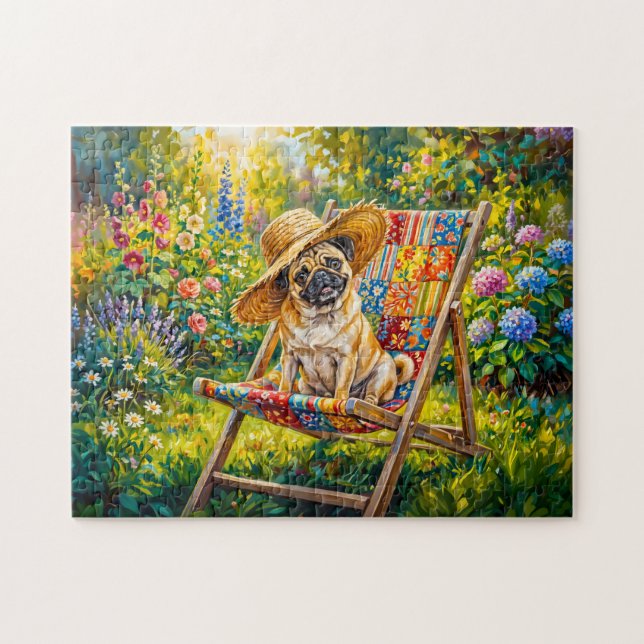 Quebra-cabeça Ilustração de Cachorro Mops de Jardim de Verão Cap (Horizontal)