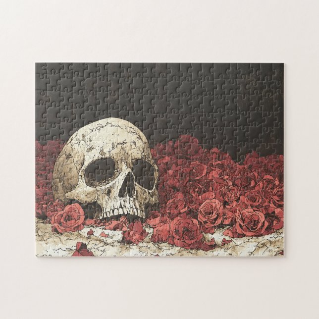 Quebra-cabeça Ilustração de Caveira e Rosas vermelhas (Horizontal)