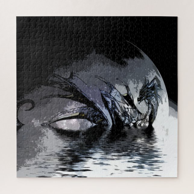 Quebra-cabeça Ilustração de Dragão Azul e Lua  (Vertical)