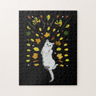 Quebra-cabeça Ilustração de gato branco com folhas de outono