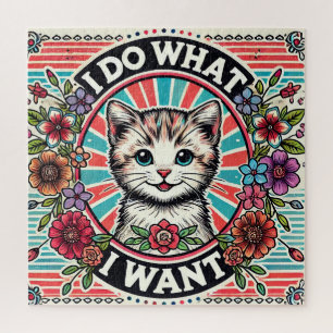 Quebra-cabeça Ilustração de Gato com Flores e Slogan Positivo