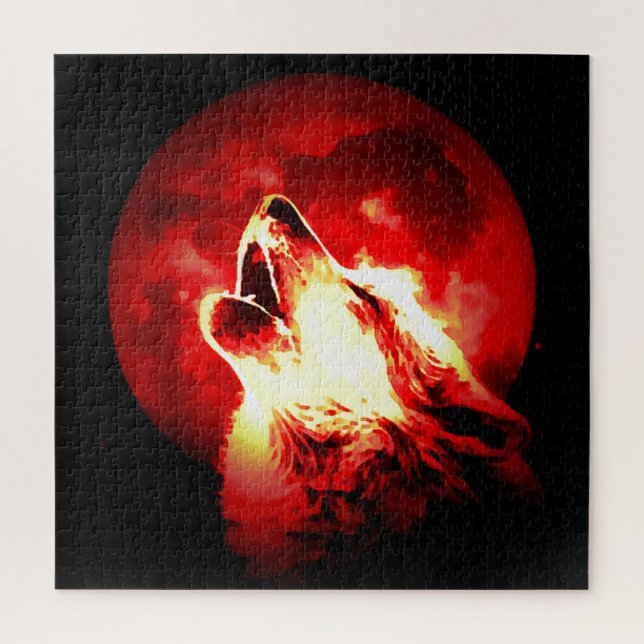 Quebra-cabeça Ilustração de Lobo, Lua e Céu Vermelho (Vertical)