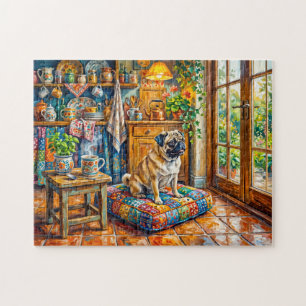 Quebra-cabeça Ilustração de Mops na Janela da Cozinha da Casa En