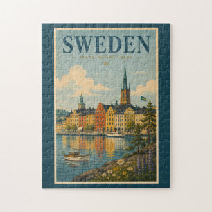 Quebra-cabeça Ilustração de Paisagem da Suécia Viagem Arte Vinta