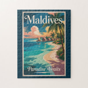 Quebra-cabeça Ilustração de Praia das Maldivas Arte de Viagem Vi