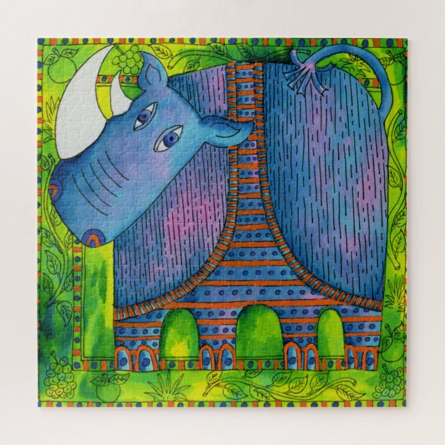 Quebra-cabeça Ilustração de Rinoceronte com Padrões em Aquarela (Horizontal)