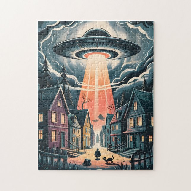 Quebra-cabeça Ilustração de Rua de Abdução de OVNI Noturna (Vertical)
