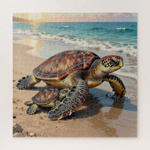 Quebra-cabeça Ilustração de Tartaruga Marinha e Bebê na Praia