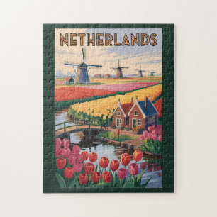 Quebra-cabeça Ilustração de Tulipas da Holanda Arte de Viagem Vi