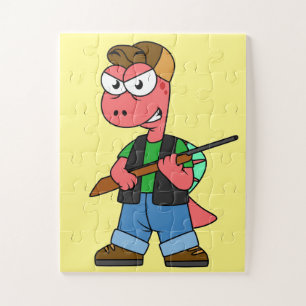 Quebra-cabeça Ilustração De Um Caçador De Espinossauro Com Arma.