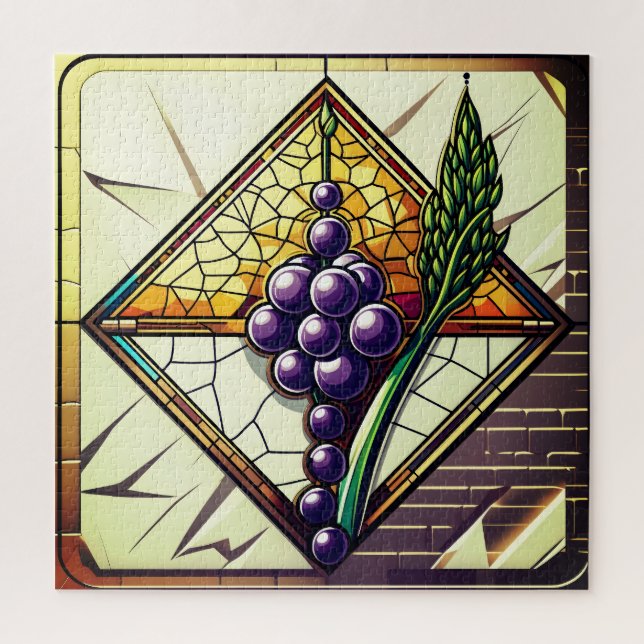 Quebra-cabeça Ilustração de Uvas e Trigo em Vitral (Vertical)