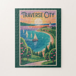 Quebra-cabeça Ilustração de Viagem Traverse City Lago Michigan