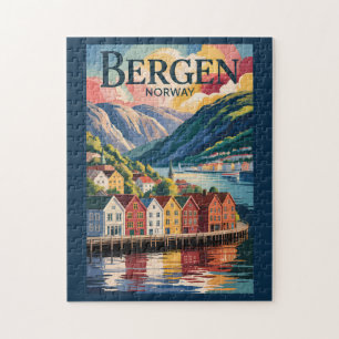 Quebra-cabeça Ilustração de viagem vintage Bergen Noruega