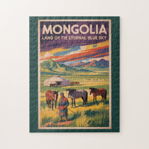 Quebra-cabeça Ilustração de yurt de cavalos da Mongólia Arte de