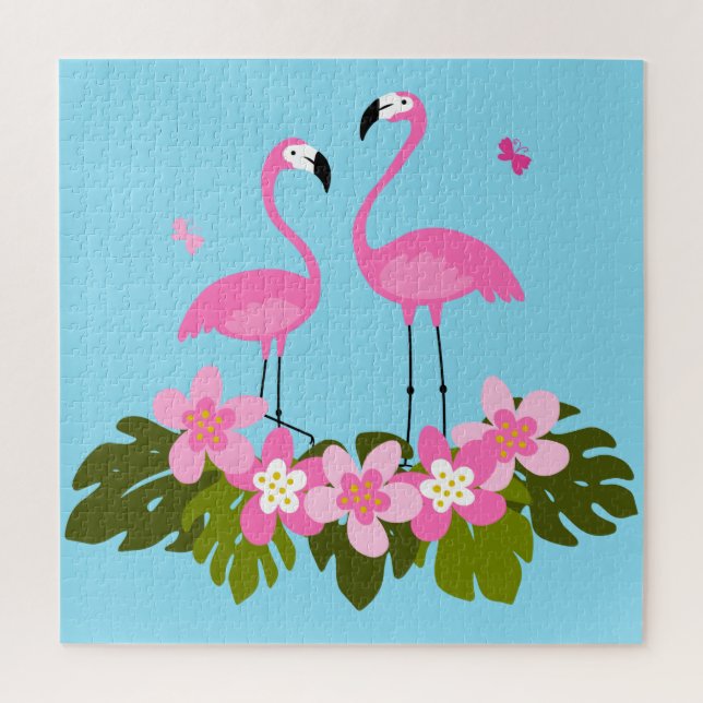 Quebra-cabeça Ilustração Floral Tropical de Flamingos Rosa (Vertical)