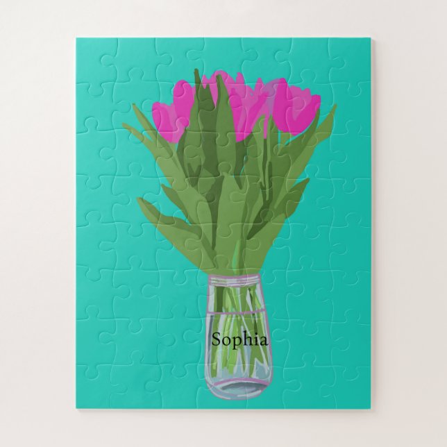 Quebra-cabeça Ilustração Moderna da Flor de Tulip bonito + Nome (Vertical)