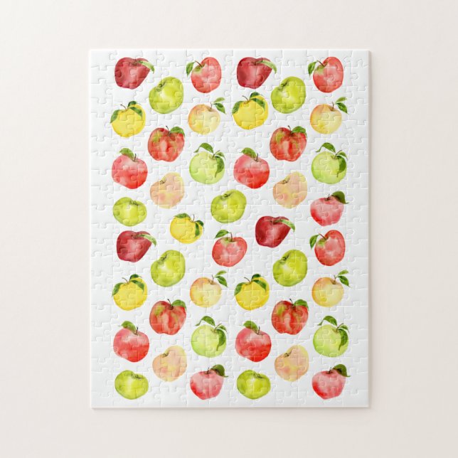 Quebra-cabeça Ilustração verde de maçã vermelha aquarela outono (Vertical)