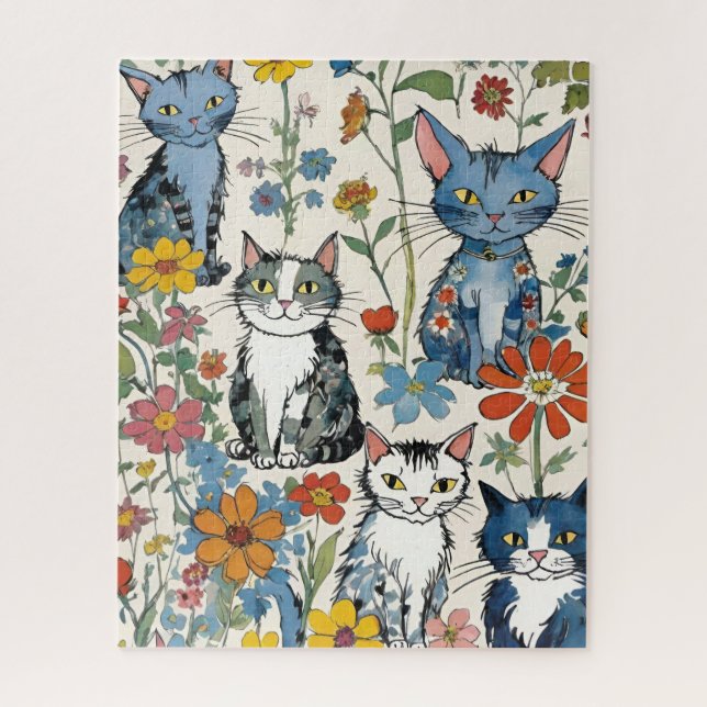 Quebra-cabeça Ilustrações de Gato Bonito com Flores Selvagens (Vertical)