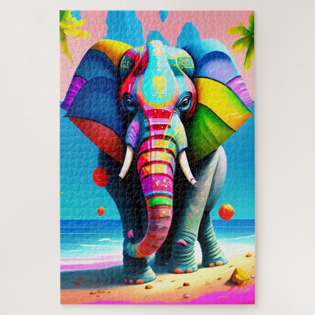 Quebra-cabeça Impressão de Elefante Arco-Íris Funky e Reprodutiv (Vertical)