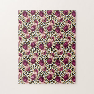 Quebra-cabeça Impressão de Leopardo Flor Rosa Rosa Dourada para