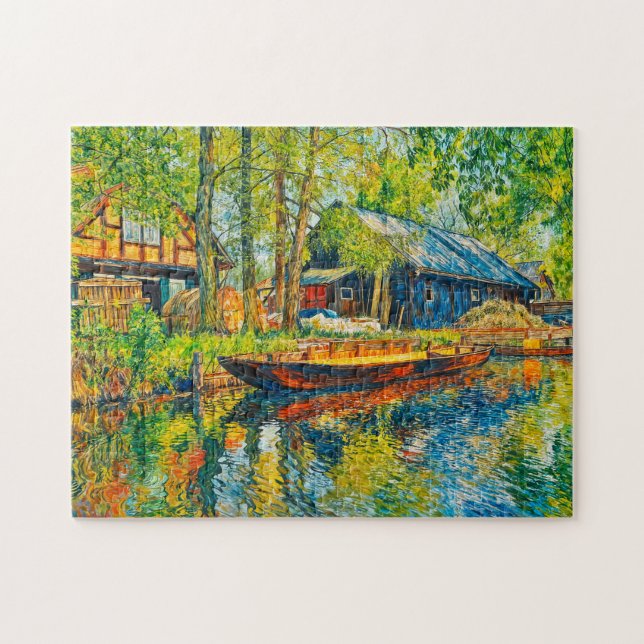 Quebra-cabeça Impressionist Spreewald Farmhouse with Wooden Boat (Horizontal)