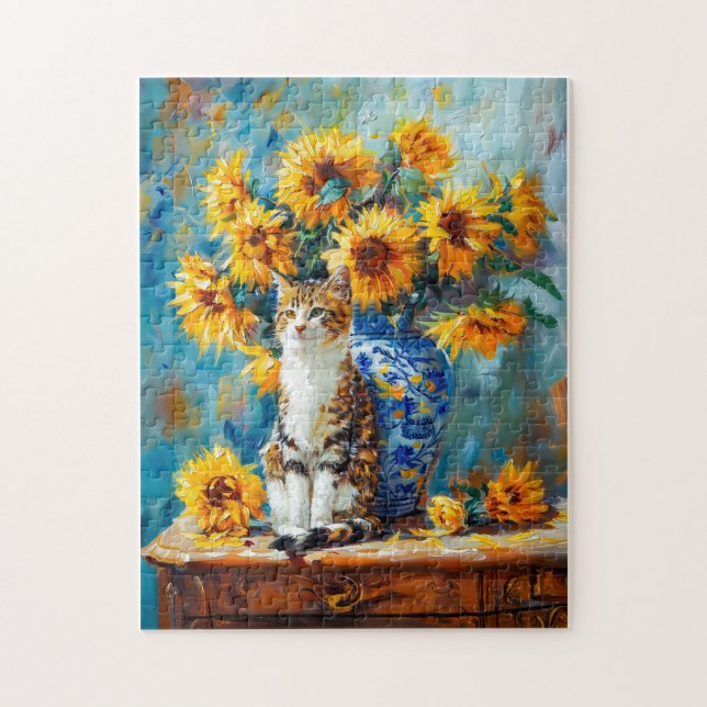 Quebra-cabeça Impressionista Pintura de Óleo de Gato por Girasso (Vertical)