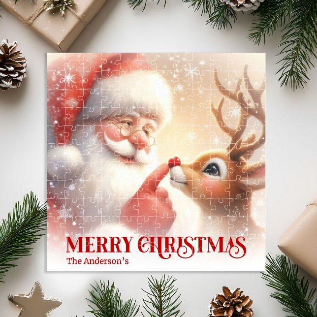 Quebra-cabeça Infantil de Inverno Personalizado do (Personalized Santa and Rudolph Winter Kids Puzzle)