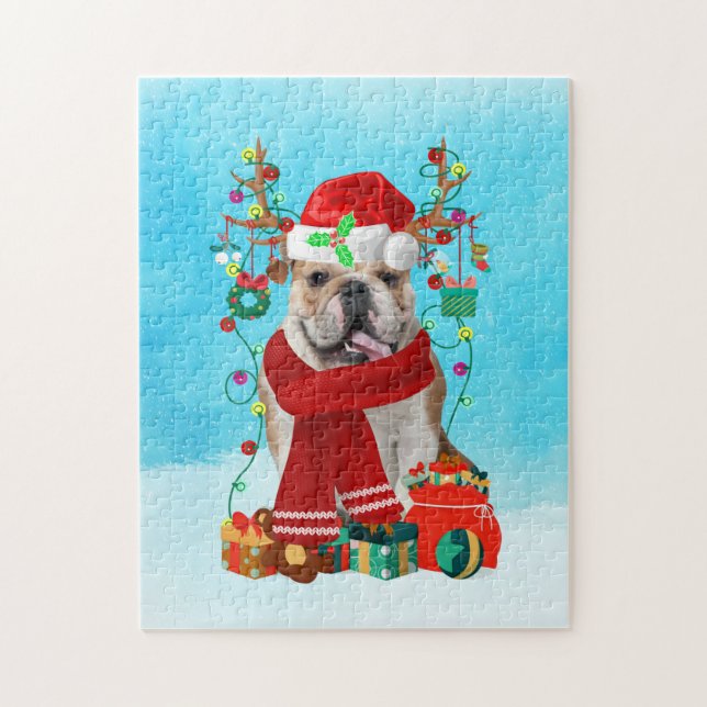 Quebra-cabeça Inglês Bulldog em neve com presentes de Natal (Vertical)