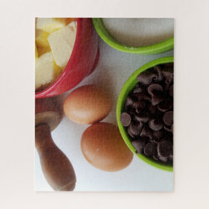 Quebra-cabeça ingredientes de panificação com pedaços de chocola