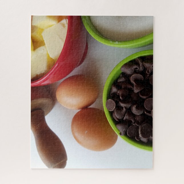 Quebra-cabeça ingredientes de panificação com pedaços de chocola (Vertical)