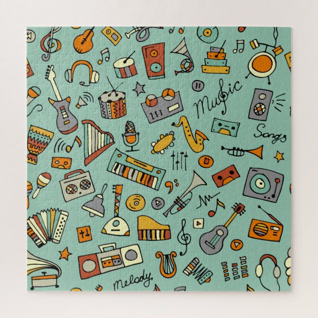 Quebra-cabeça Instrumentos musicais, padrão de esboço vintage. (Vertical)