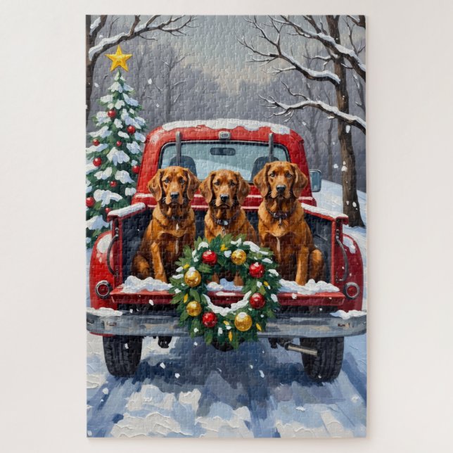 Quebra-cabeça Irish Red Setter Christmas Red Truck Holiday (Vertical)