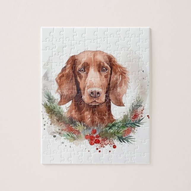 Quebra-cabeça Irlandês Red Setter Christmas Wreath Festivo Pup (Vertical)