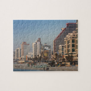 Quebra-cabeça Israel, Tel Aviv, fachada, hotéis, crepúsculo