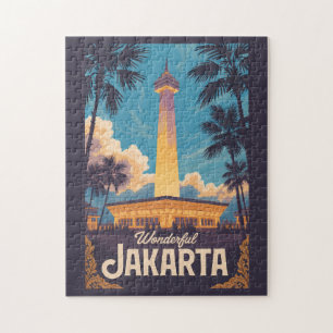 Quebra-cabeça Jacarta Indonésia Ilustração Viagem Arte Vintage