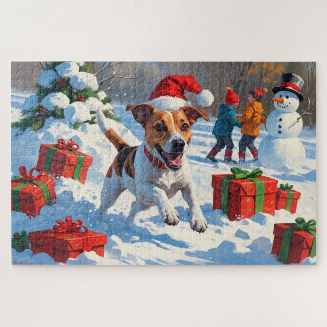 Quebra-cabeça Jack Russell Correndo na Neve com Chapéu de Natal (Horizontal)