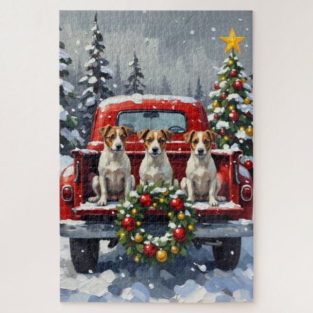 Quebra-cabeça Jack Russell Terrier Christmas Red Truck Holiday (Vertical)