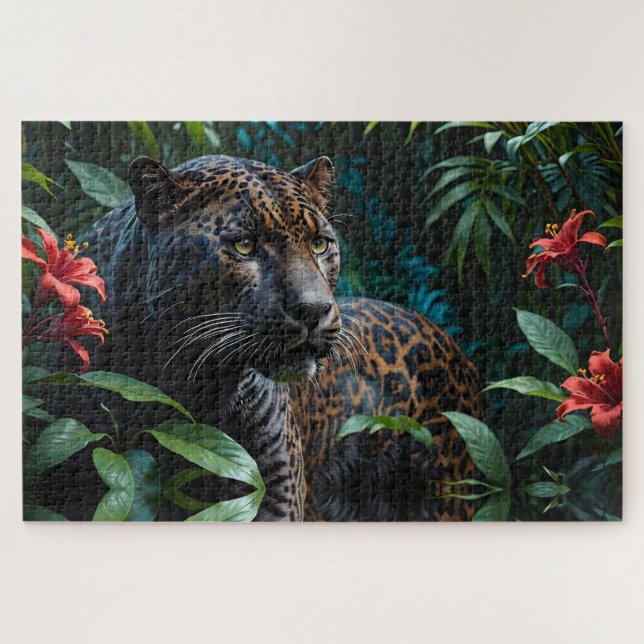 Quebra-cabeça Jaguar melanístico nas flores vermelhas da selva (Horizontal)