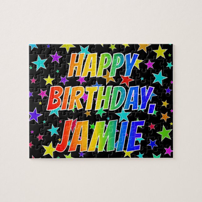 Quebra-cabeça "JAMIE" Primeiro Nome, Diversão "FELIZ ANIVERSÁRIO (Horizontal)
