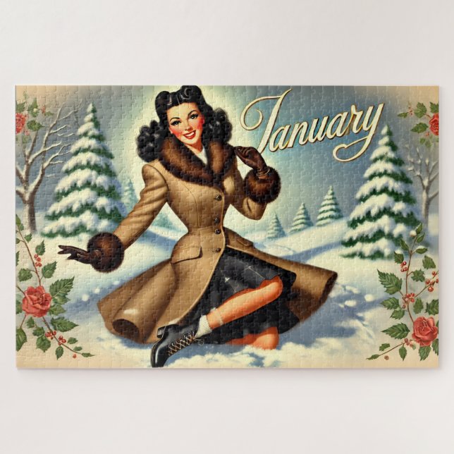 Quebra-cabeça Janeiro Vintage Winter Brunette Pin-up (Horizontal)