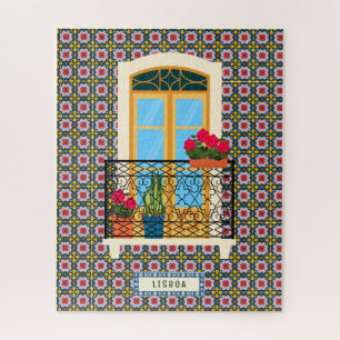 Quebra-cabeça Janela da casa de Lisboa com plantas e azulejos