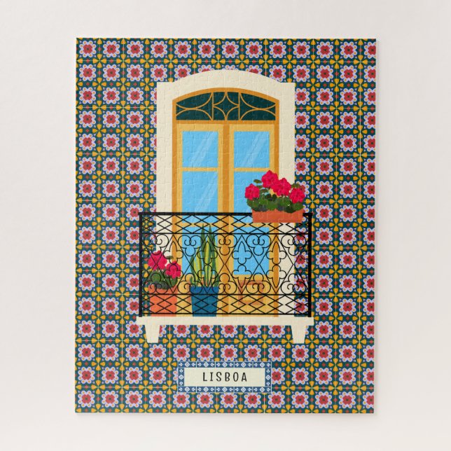 Quebra-cabeça Janela da casa de Lisboa com plantas e azulejos (Vertical)