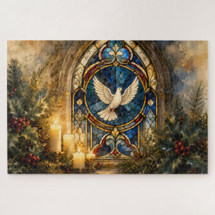 Quebra-cabeça Janela de Natal com Pombo de Vidro Colorido