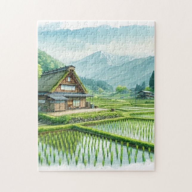 Quebra-cabeça Japanese Farmhouse and Rice Fields – Rural Puzzle (Vertical)