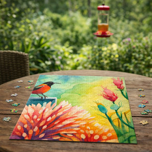 Quebra-cabeça Jardim Colorido de Aquarela Floral com Beija-Flor