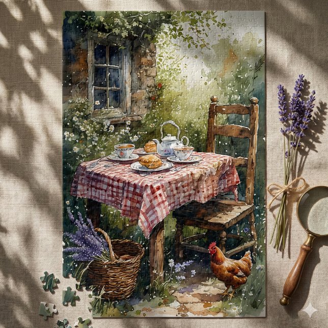 Quebra-cabeça Jardim de Campo Chá da Manhã Aquarela (Cottage Garden Tea Morning Watercolor Jigsaw Puzzle ON Shadowed Table)