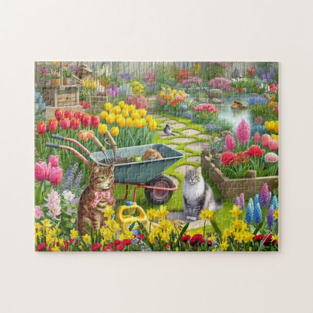 Quebra-cabeça Jardim de Flores com Gatos / Amante de Gatos (Horizontal)