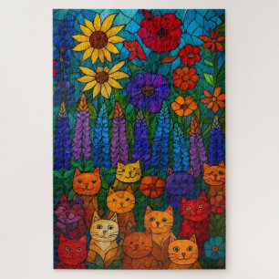 Quebra-cabeça Jardim de Gatos Arte de Gato de Vitral com Flores