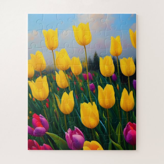 Quebra-cabeça Jardim de Tulipas Amarelas Pintura a Óleo, Quebra- (Vertical)