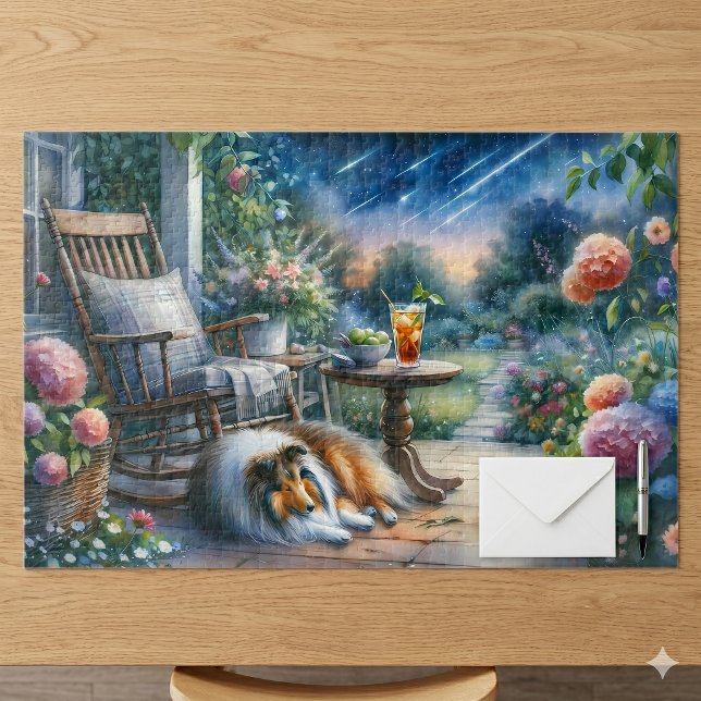 Quebra-cabeça Jardim Estrelado Varanda Abrigo Sheltie Sonho (Starlit Garden Porch Sheltie Dream Jigsaw Puzzle)